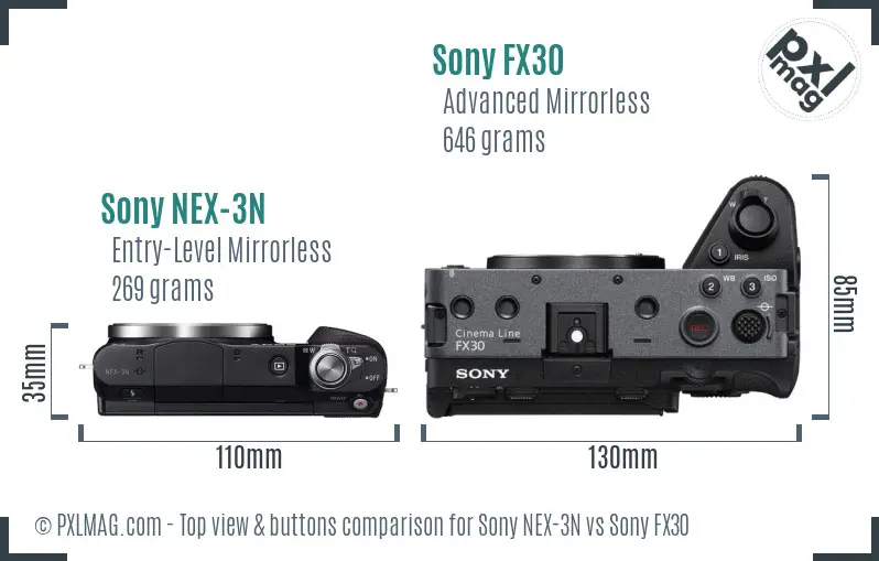Sony NEX-3N vs Sony FX30 top view buttons comparison Sony NEX-3N vs Sony FX30 top view buttons comparison