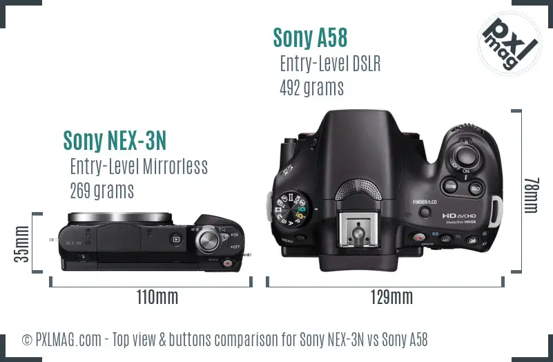 Sony NEX-3N vs Sony A58 top view buttons comparison
