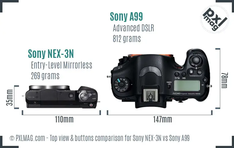 Sony NEX-3N vs Sony A99 top view buttons comparison
