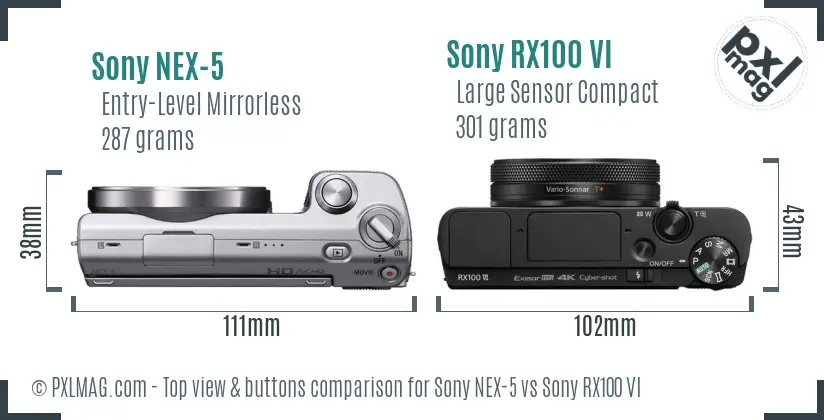 Sony NEX-5 vs Sony RX100 VI top view buttons comparison