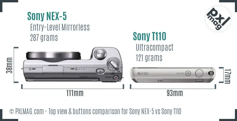 Sony NEX-5 vs Sony T110 top view buttons comparison