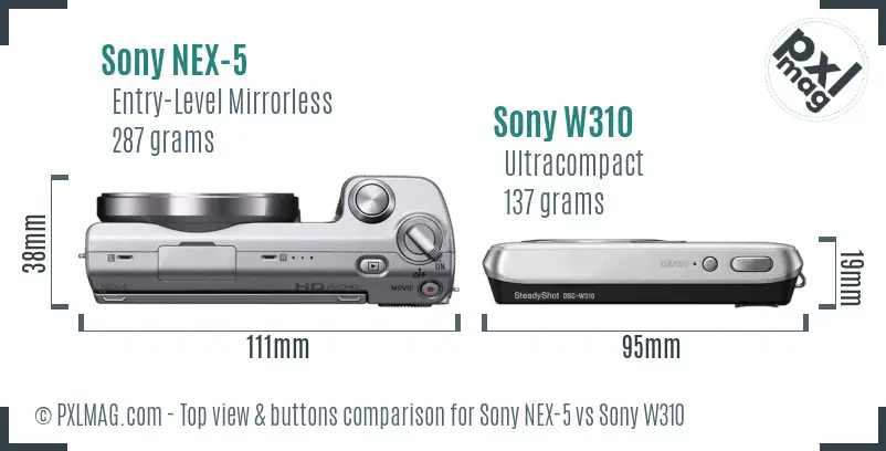 Sony NEX-5 vs Sony W310 top view buttons comparison