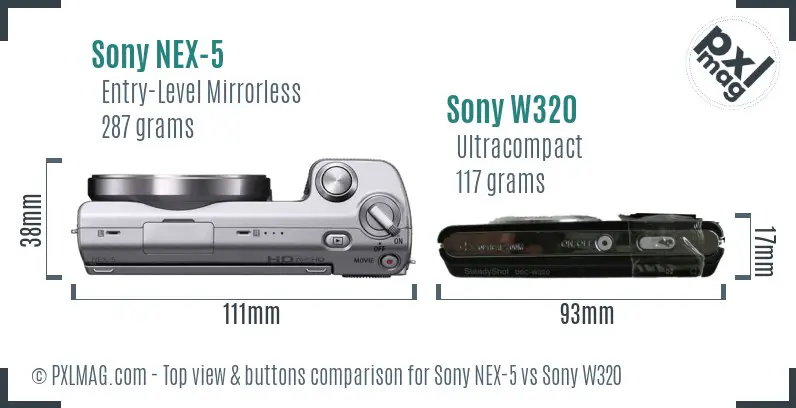Sony NEX-5 vs Sony W320 top view buttons comparison