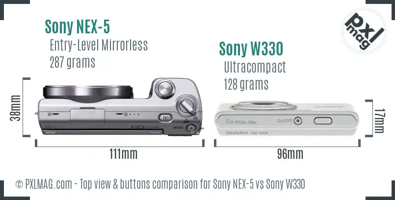 Sony NEX-5 vs Sony W330 top view buttons comparison