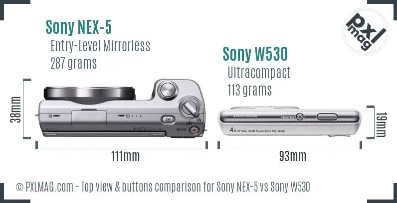 Sony NEX-5 vs Sony W530 top view buttons comparison