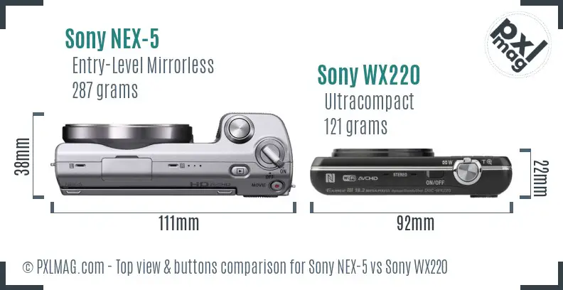 Sony NEX-5 vs Sony WX220 top view buttons comparison