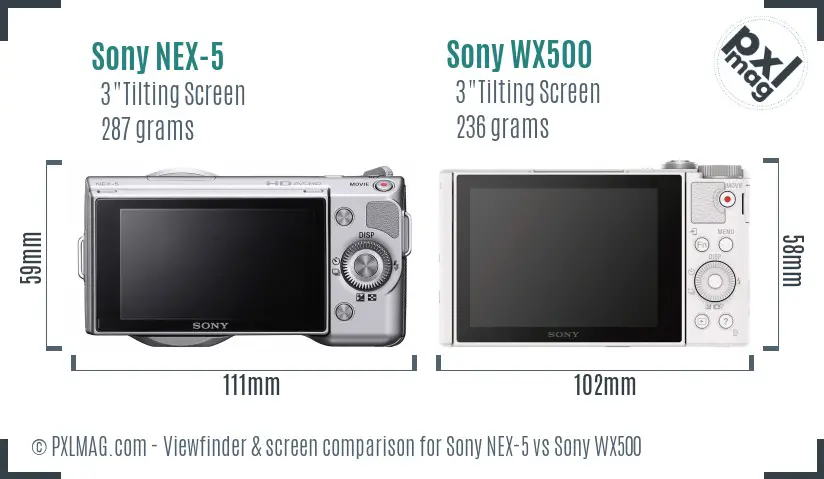 Sony NEX-5 vs Sony WX500 Screen and Viewfinder comparison