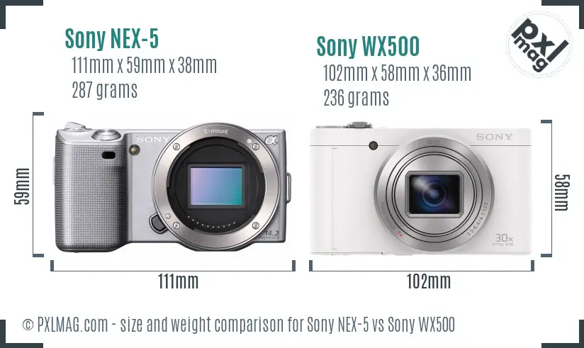 Sony NEX-5 vs Sony WX500 size comparison