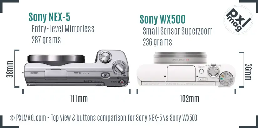 Sony NEX-5 vs Sony WX500 top view buttons comparison