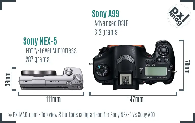 Sony NEX-5 vs Sony A99 top view buttons comparison