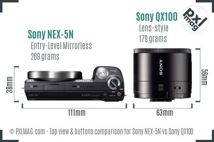 Sony NEX-5N vs Sony QX100 top view buttons comparison