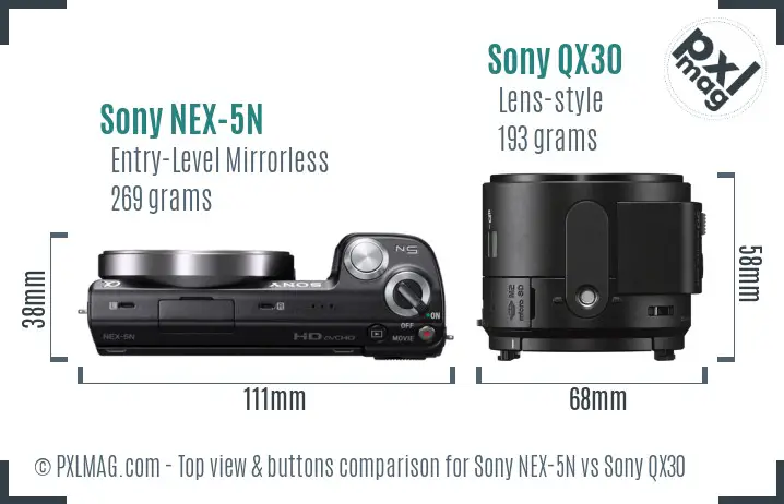 Sony NEX-5N vs Sony QX30 top view buttons comparison