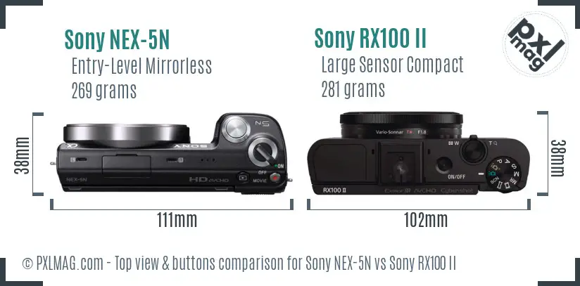 Sony NEX-5N vs Sony RX100 II top view buttons comparison