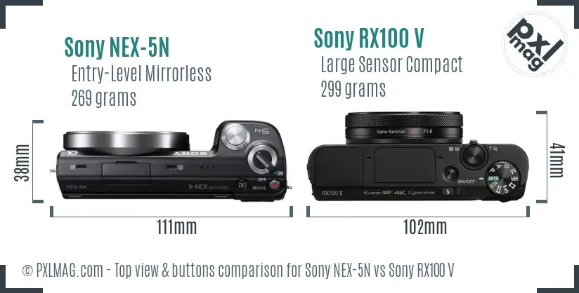 Sony NEX-5N vs Sony RX100 V top view buttons comparison