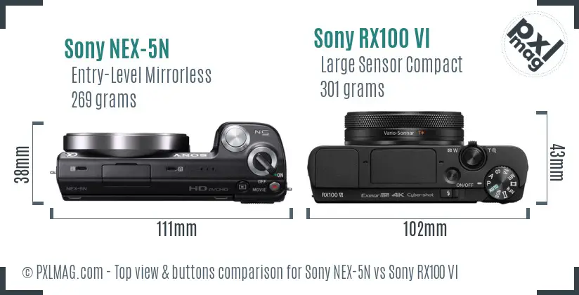 Sony NEX-5N vs Sony RX100 VI top view buttons comparison