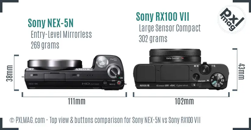 Sony NEX-5N vs Sony RX100 VII top view buttons comparison