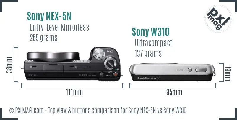 Sony NEX-5N vs Sony W310 top view buttons comparison