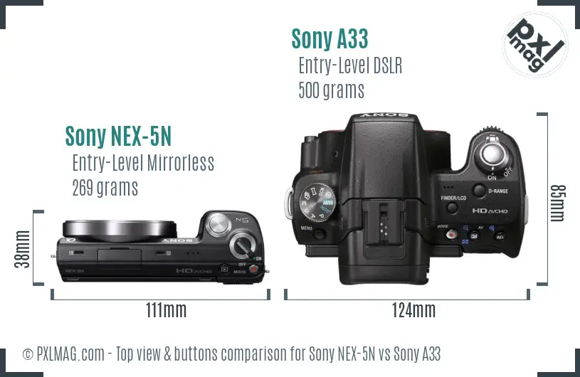 Sony NEX-5N vs Sony A33 top view buttons comparison