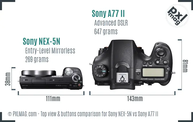 Sony NEX-5N vs Sony A77 II top view buttons comparison