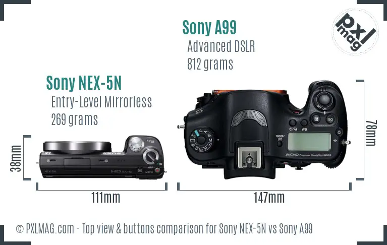 Sony NEX-5N vs Sony A99 top view buttons comparison