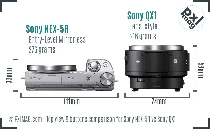 Sony NEX-5R vs Sony QX1 top view buttons comparison