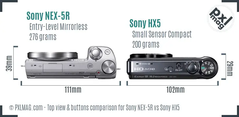 Sony NEX-5R vs Sony HX5 top view buttons comparison