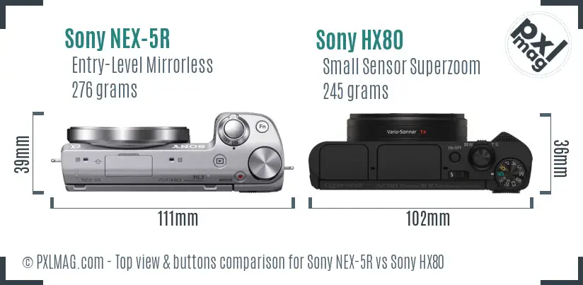 Sony NEX-5R vs Sony HX80 top view buttons comparison