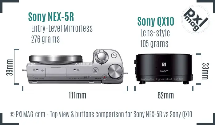 Sony NEX-5R vs Sony QX10 top view buttons comparison