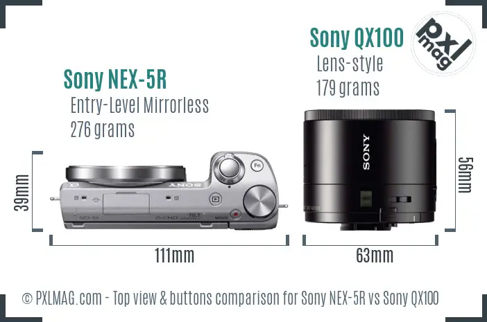 Sony NEX-5R vs Sony QX100 top view buttons comparison