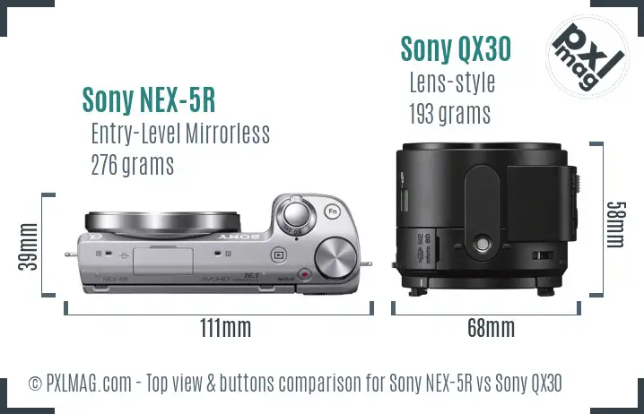 Sony NEX-5R vs Sony QX30 top view buttons comparison