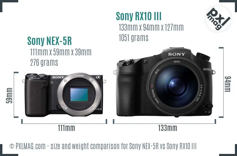 Sony NEX-5R vs Sony RX10 III size comparison