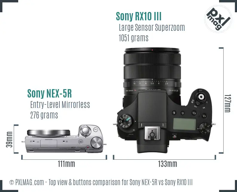 Sony NEX-5R vs Sony RX10 III top view buttons comparison
