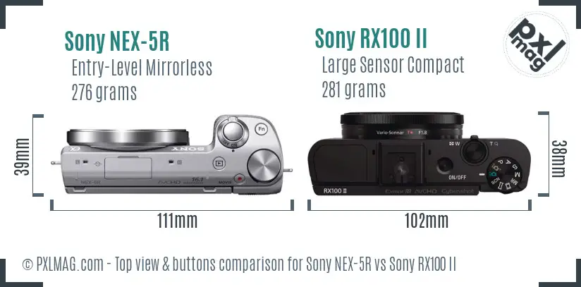 Sony NEX-5R vs Sony RX100 II top view buttons comparison