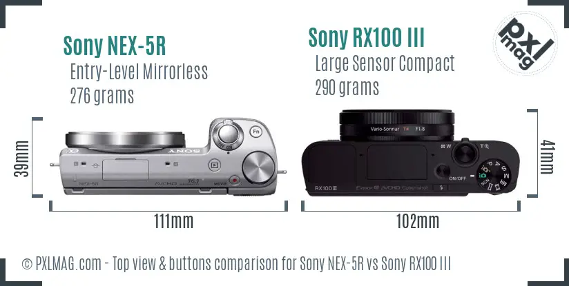 Sony NEX-5R vs Sony RX100 III top view buttons comparison