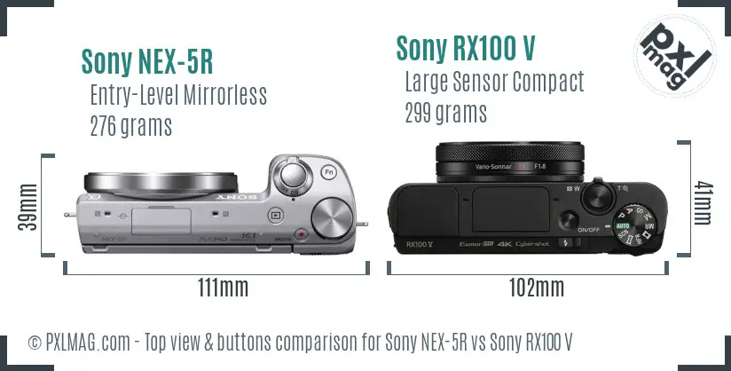 Sony NEX-5R vs Sony RX100 V top view buttons comparison