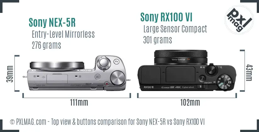 Sony NEX-5R vs Sony RX100 VI top view buttons comparison