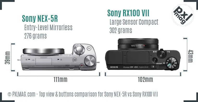 Sony NEX-5R vs Sony RX100 VII top view buttons comparison
