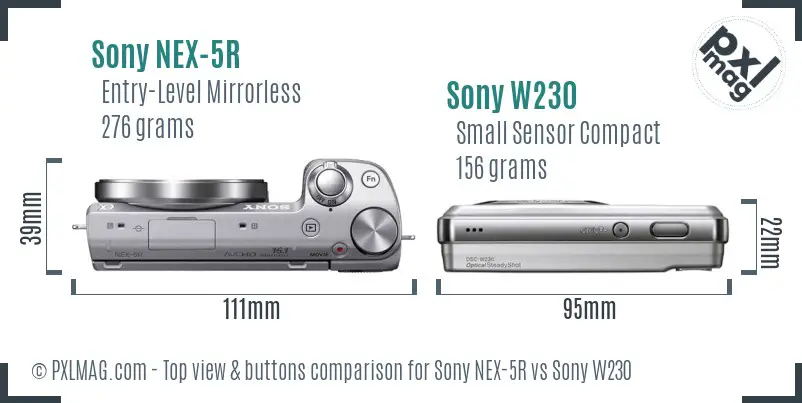 Sony NEX-5R vs Sony W230 top view buttons comparison