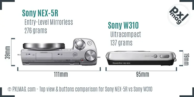 Sony NEX-5R vs Sony W310 top view buttons comparison