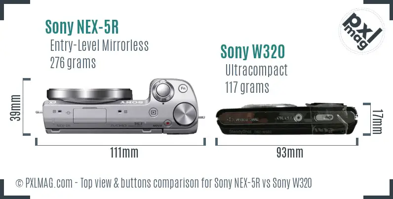 Sony NEX-5R vs Sony W320 top view buttons comparison
