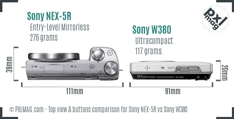 Sony NEX-5R vs Sony W380 top view buttons comparison