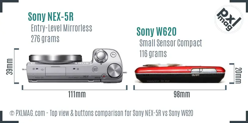 Sony NEX-5R vs Sony W620 top view buttons comparison