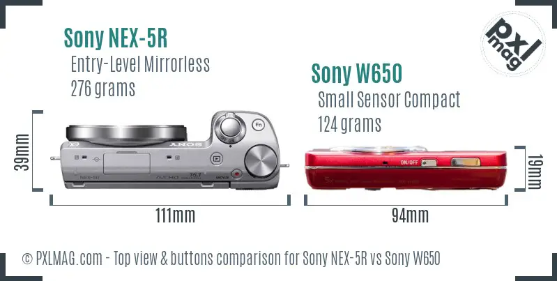 Sony NEX-5R vs Sony W650 top view buttons comparison