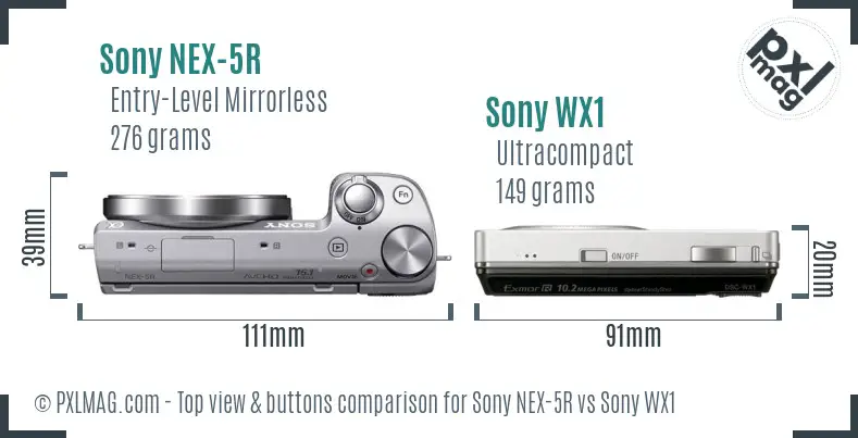 Sony NEX-5R vs Sony WX1 top view buttons comparison