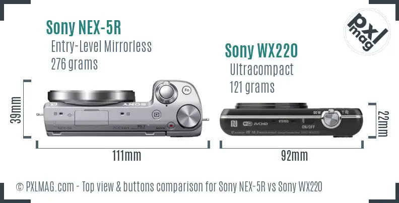 Sony NEX-5R vs Sony WX220 top view buttons comparison