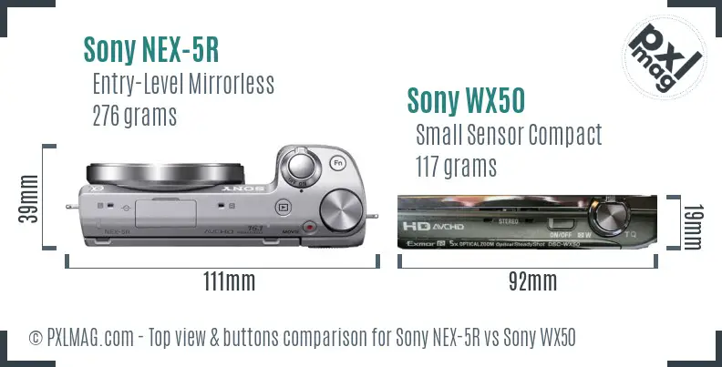 Sony NEX-5R vs Sony WX50 top view buttons comparison