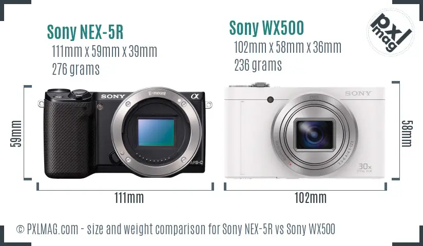 Sony NEX-5R vs Sony WX500 size comparison