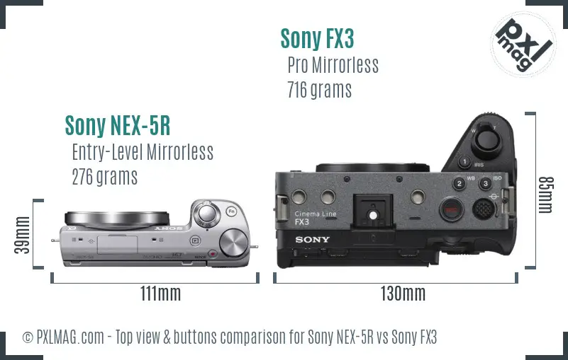 Sony NEX-5R vs Sony FX3 top view buttons comparison