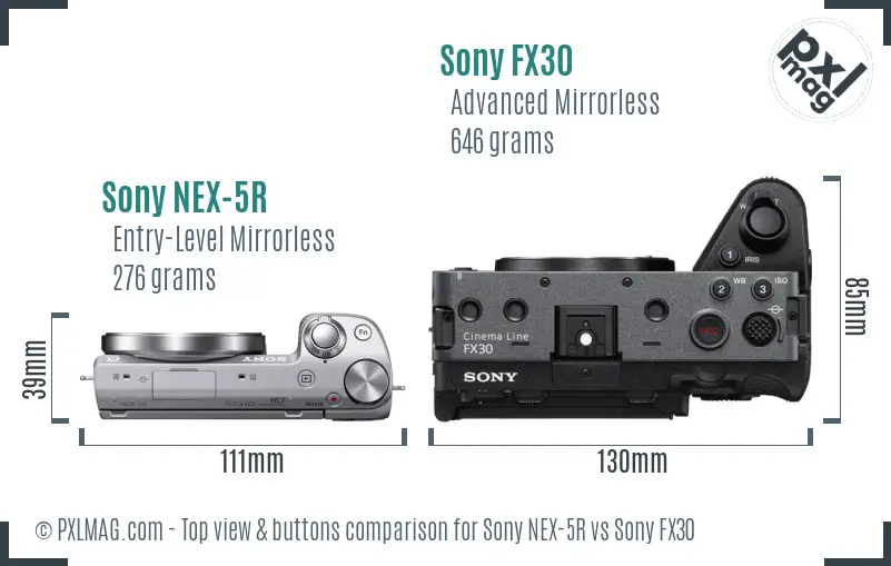 Sony NEX-5R vs Sony FX30 top view buttons comparison