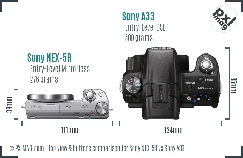 Sony NEX-5R vs Sony A33 top view buttons comparison
